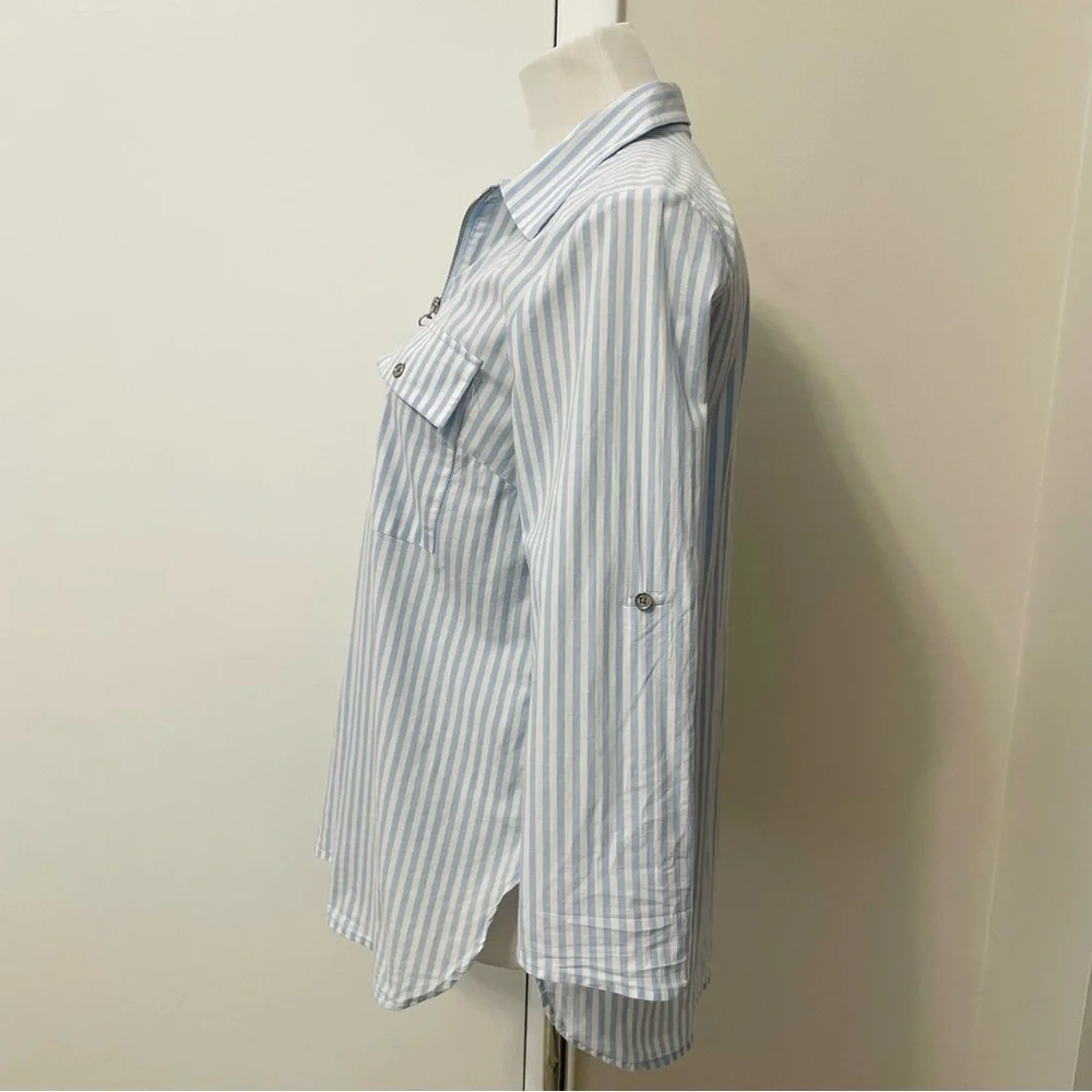 Michael Kors Light Blue and White Striped Half Zip-Up Tunic Blouse Size M